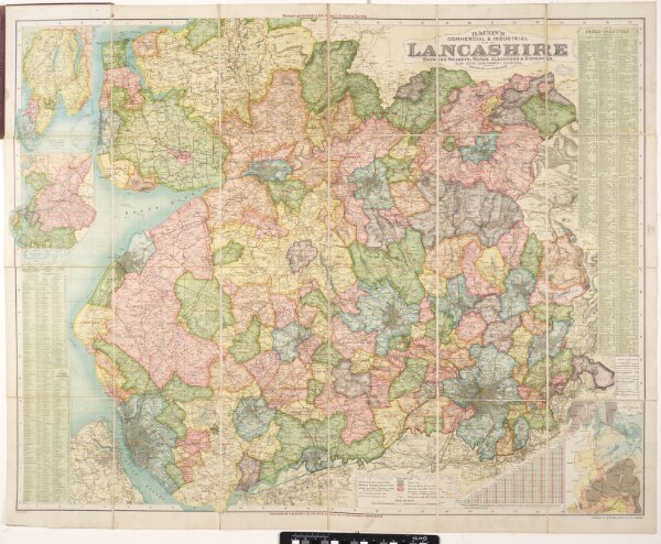 Bacon's commercial & industrial map of Lancashire: showing railways, roads elevations & distances: also local government divisions including parishes with acreages.