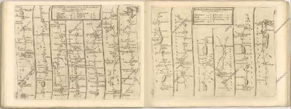 mapa z atlasu "The Roads through England delineated or, Ogilby ́s Survey, Revised, Improved, and Reduced to a Size portable for the Pocket By John Senex F, R, S. Being an Actual Survey of all the Principal Roads of England, And Wales, Distinctly laid down on one hundred "